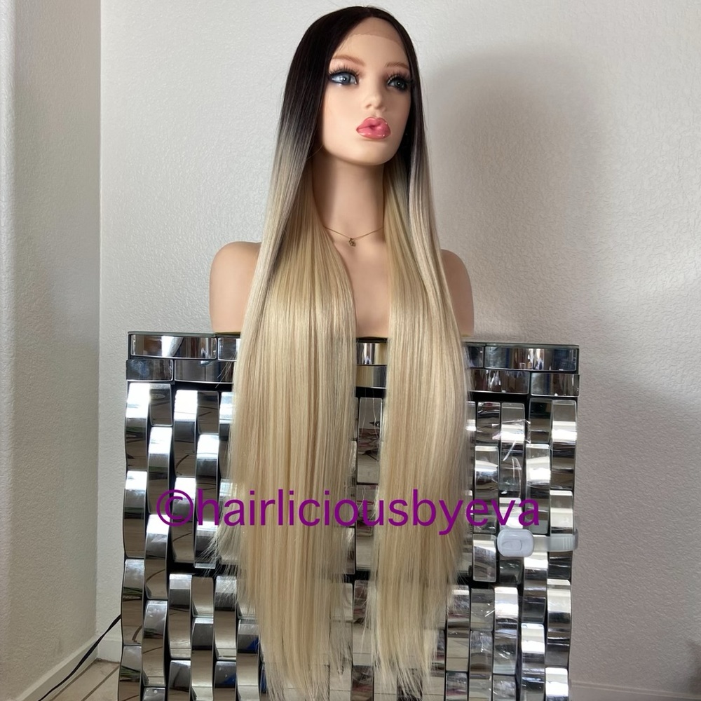 Blonde straight wig ombré dark brown roots lace front middle part 32 inch long